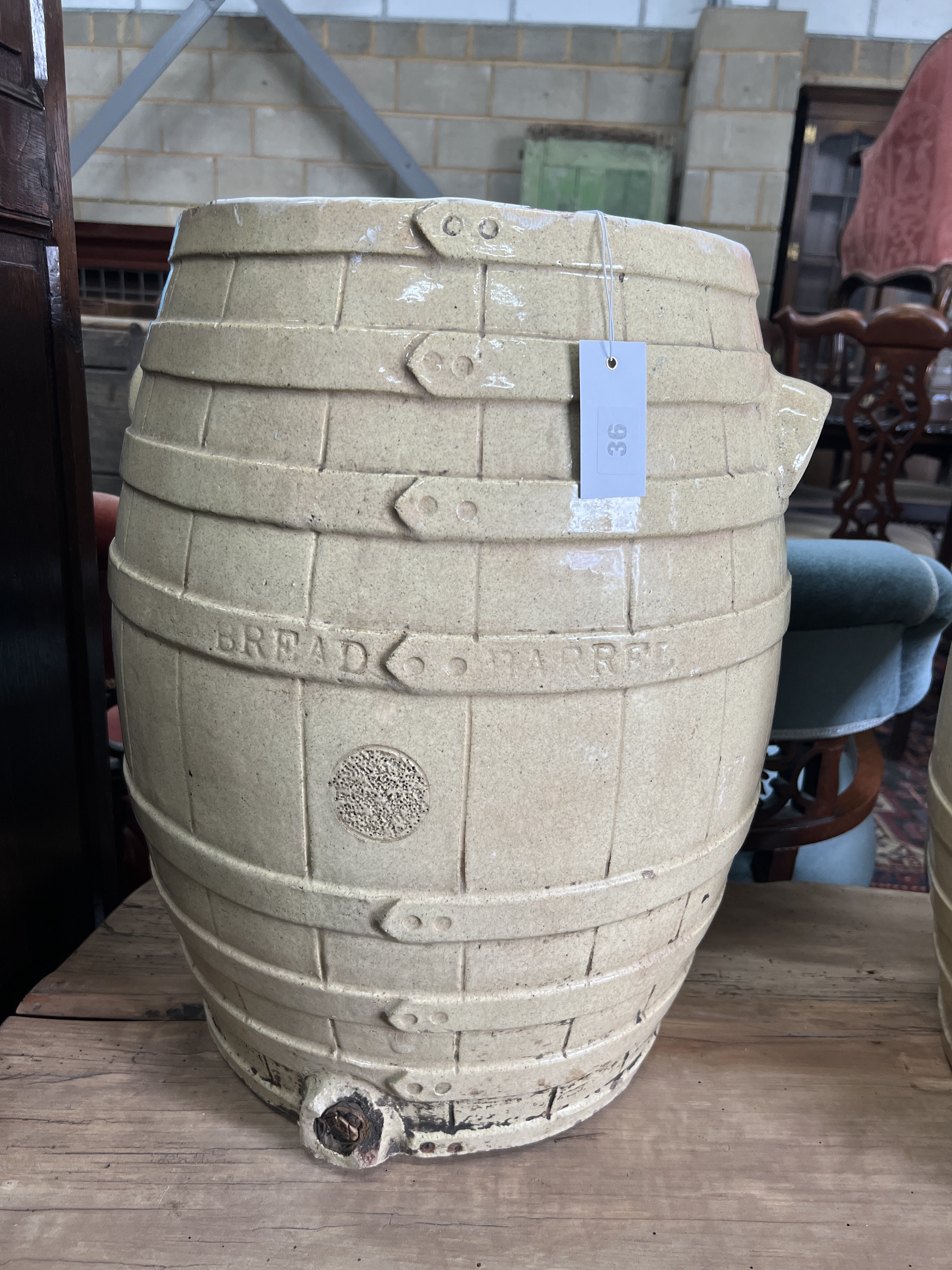 Two Victorian glazed earthenware bread barrels, diameter 42cm, height 53cm
